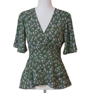 Vintage Cottagecore Top V-Neck, Wrap Style W/Bell Sleeves. Green/pink Women's XS